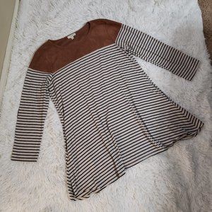 SOLD Umgee XL Blue White Striped Tunic Dress Long Sleeves Pockets Brown Elbow